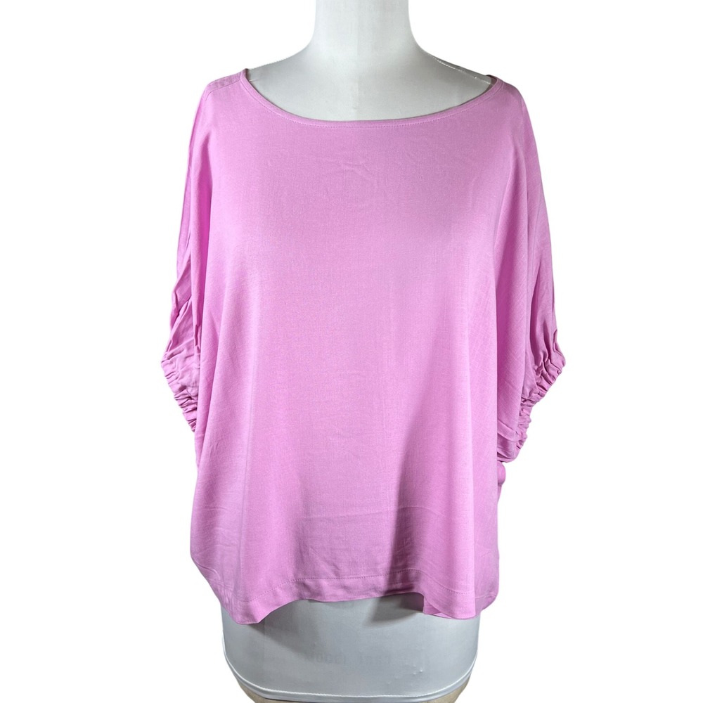 Zenana Dolman Sleeve Ruched Blouse Pink Rayon Boat Neck Boxy Oversized Medium‎